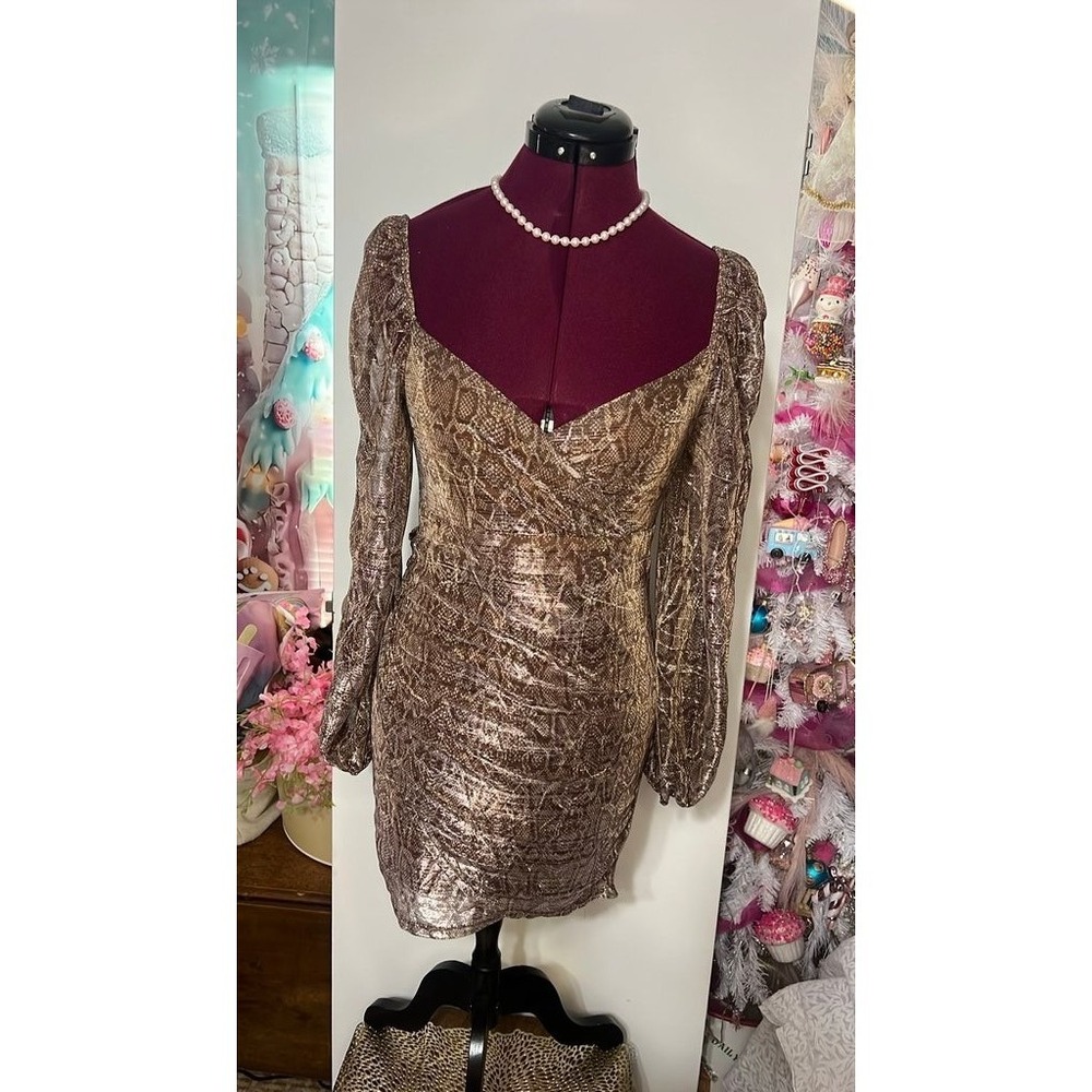 Fiestar Snakeskin Metallic Mini Dress Womens Large Bronze Good Puff Sleeve Glam